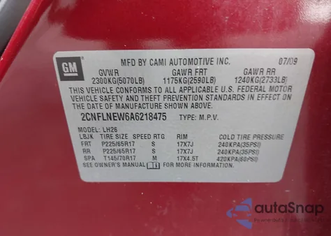 2010 Chevrolet Equinox Lt z USA, uszkodzony, nr VIN 2CNFLNEW6A6218475